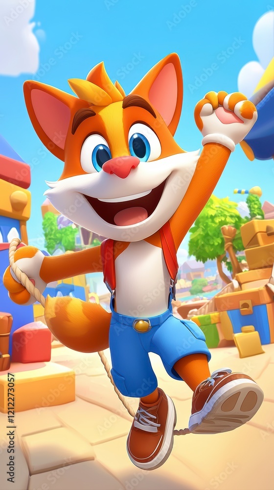Poster joyful cat character playing in vibrant game world colorful environment fun animation style