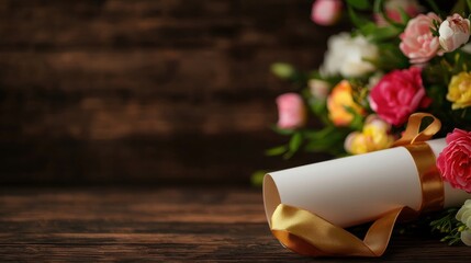 Graduation diploma with floral arrangement on wooden background