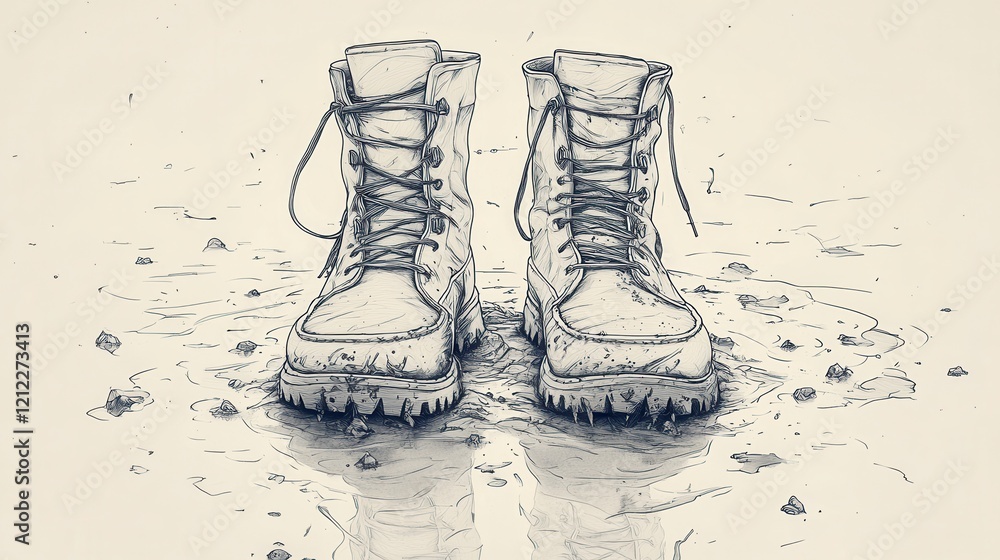Poster minimalist boots in mud, a single-line drawing capturing simplicity and texture, emphasizing the con