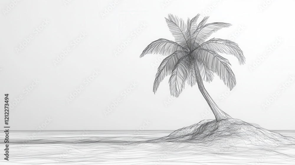 Poster swaying palm tree minimalist art, a simple yet elegant line drawing capturing the essence of tranqui