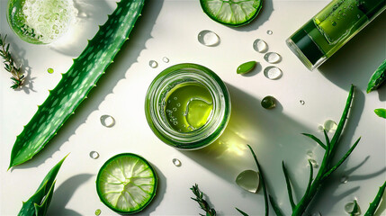 Flat lay of a bottle of aloe vera gel for skin care with a slice of pulp on a white table. Generative AI.