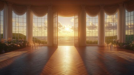 Fototapeta premium A door to freedom opening wide, revealing a beautiful, expansive ocean with soft waves and a sunlit sky, inviting the viewer into an endless world of possibilities.