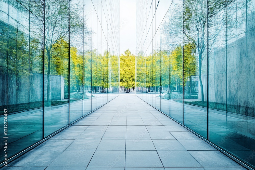 Aufkleber modern glass building with trees reflected in windows, pathway leading to green space.
