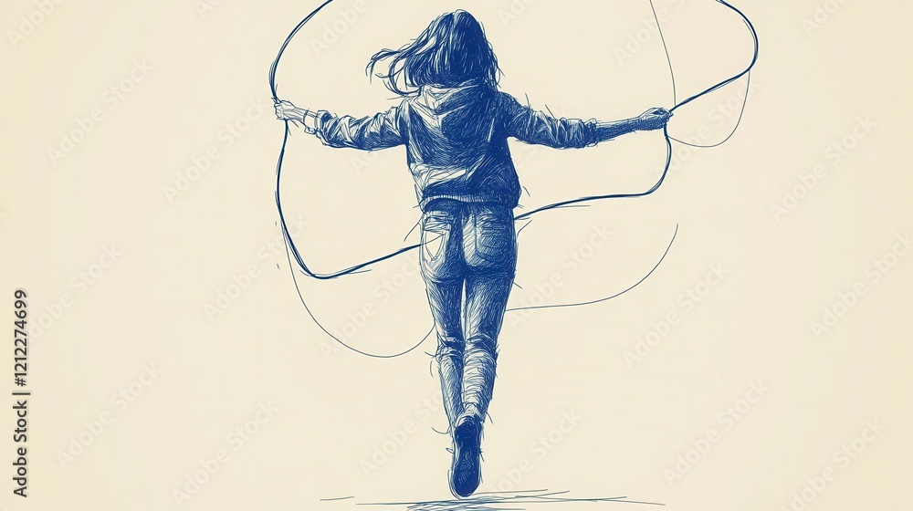 Poster minimalist jump rope swing, a simple yet dynamic line art illustration capturing the fluid motion of