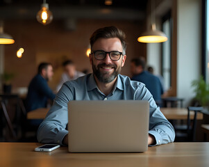 Man in Denim Shirt Working on Laptop and Phone at a Café Table