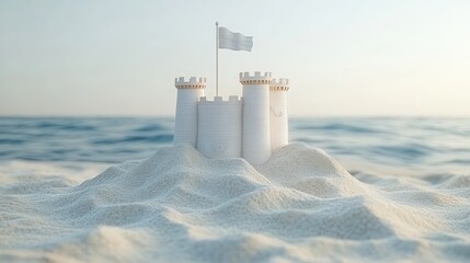 Obraz premium Minimalist Sandcastle with Flag, elegant single-line design, low poly aesthetics, simple yet striking, perfect for modern decor or digital art.