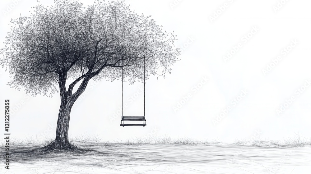 Poster swaying tree swing, minimalist line art captures the gentle motion of a swing hanging from a tree, e