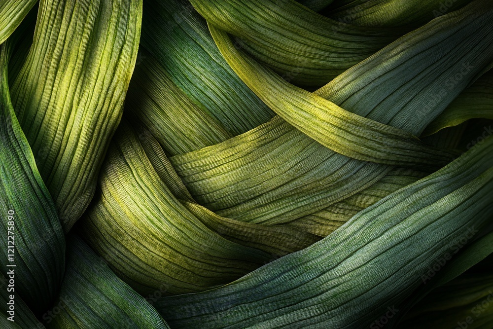 Aufkleber Abstract image of interwoven green leaves with varying shades and textures, creating a complex pattern.