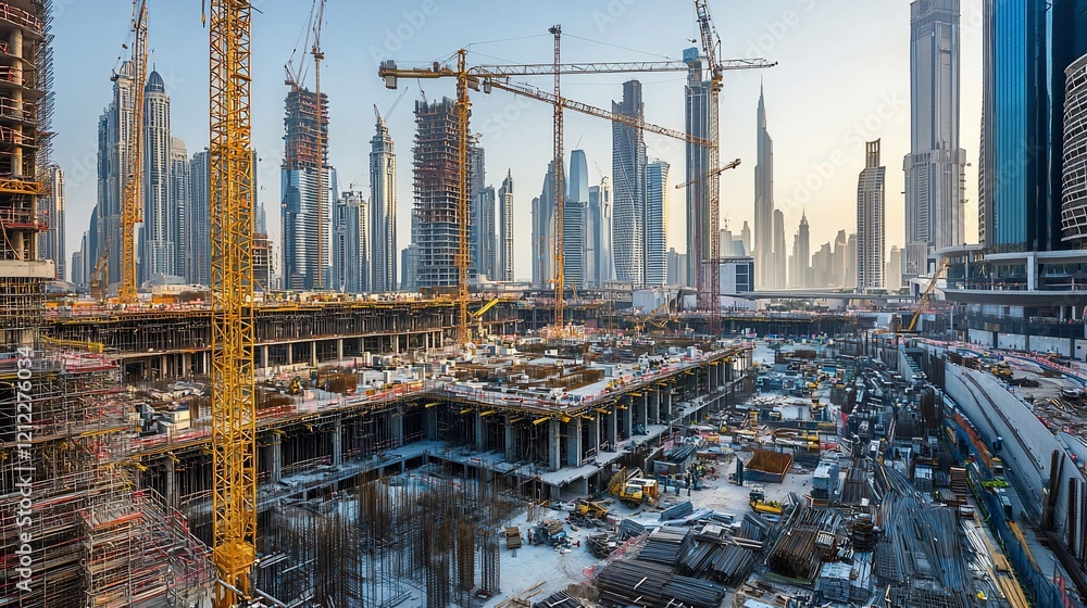 Poster panoramic view of a large-scale urban construction site with numerous cranes and high-rise buildings