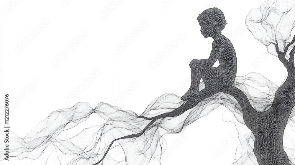 Poster child climbing a tree in a minimalist single-line sketch, low poly design, capturing innocence and a