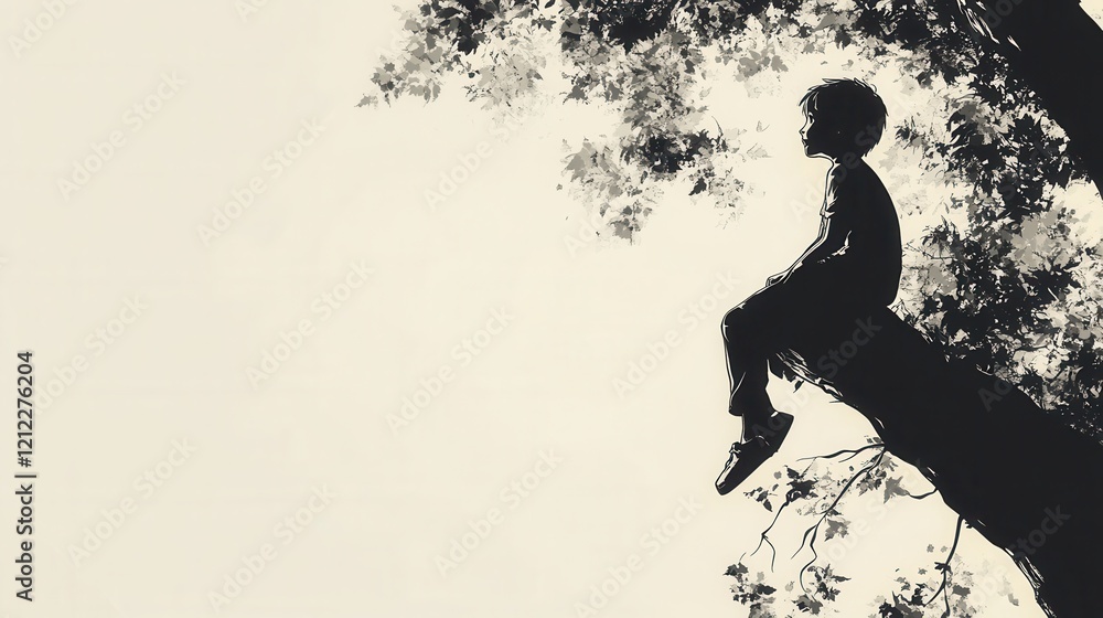 Poster child ascending a tree in minimalist style, single-line sketch, low poly design, playful and adventu