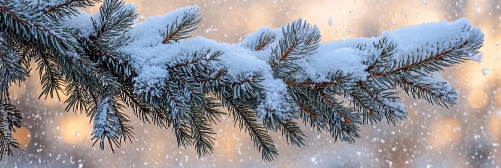 Aufkleber snow-covered pine branch during a snowfall with a blurred background.
