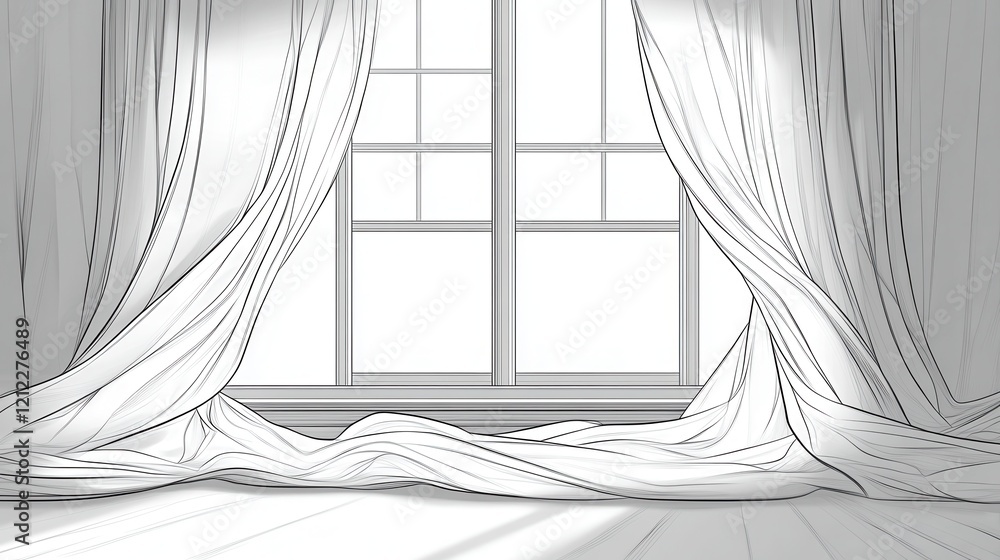 Poster minimalist window with flowing curtains, a simple yet elegant representation of a window scene, capt