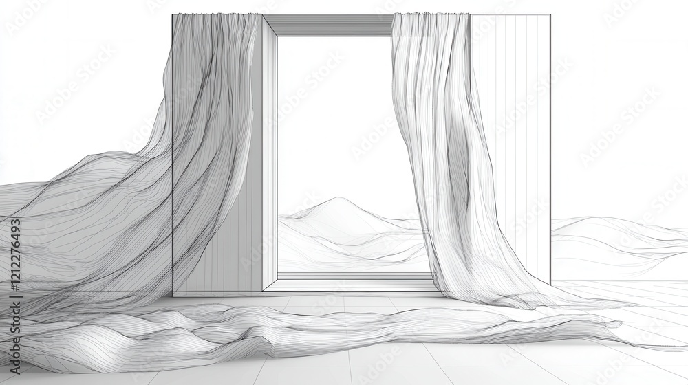Poster minimalist window sketch, a simple line drawing showcasing a window with flowing curtains, evoking a
