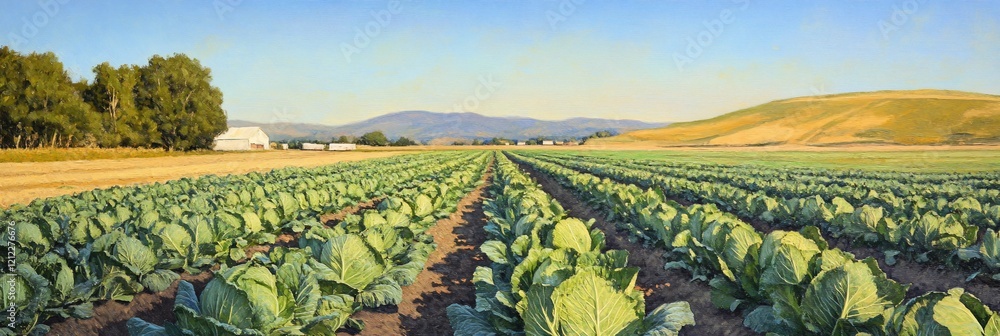 Poster scenic farmland view with rows of cabbage plants under a clear sky, mountains in the distance.