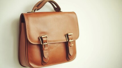 A classic brown leather satchel on a creamy white background, giving a vintage aesthetic.