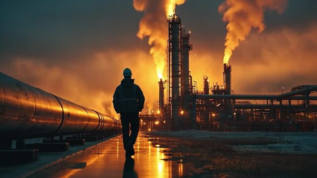 Industrial Twilight: A lone worker walks away from a massive, illuminated industrial plant at dusk, its fiery smokestacks billowing plumes of smoke against a vibrant sunset.