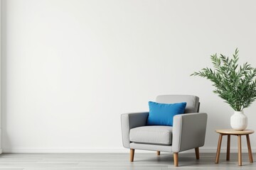 Modern Minimalist Living Room with Stylish Gray Armchair, Blue Cushion, Potted Plant, and Wooden Side Table Against Light Wall for Interior Design Inspiration