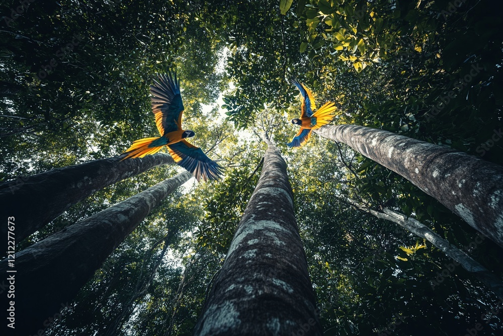 Poster Two vibrant macaws in flight soar between tall rainforest trees, sunlight filtering through canopy.