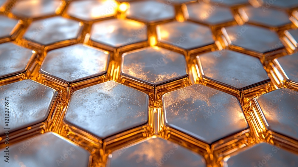 Poster Abstract metallic hexagonal pattern with warm lighting.