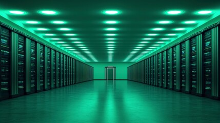 Fototapeta premium A dimly lit server room with rows of servers and a central door.