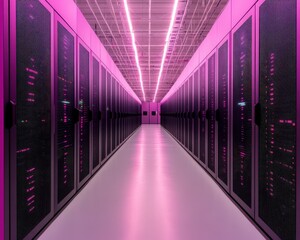 Fototapeta premium A corridor in a data center featuring servers illuminated by purple lighting.