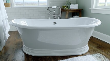A luxurious bathroom with a soothing ambiance, featuring elegant marble tiles, a freestanding soaking tub, soft lighting, and plush towels for a relaxing and serene experience.