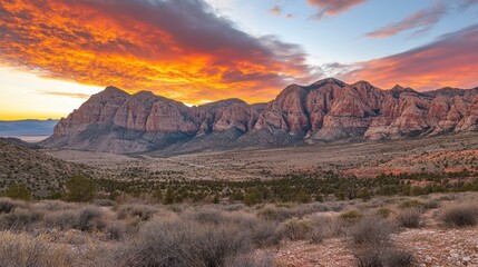 Naklejka premium A dramatic sunrise over a rocky mountain range, with the sky painted in fiery orange and red tones.
