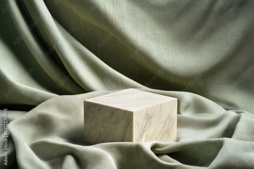 Poster elegant stone cube display on sage green fabric backdrop.