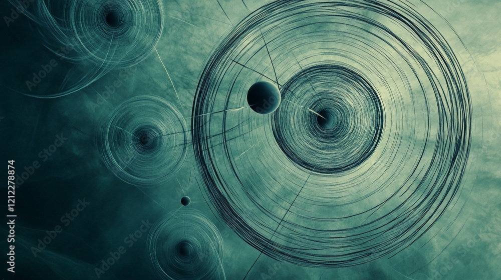 Poster Abstract teal concentric circles and dark spheres resembling a planetary system or atomic structure.