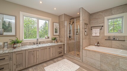 A sophisticated luxury bathroom with calming colors, modern fixtures, a rainfall shower, and a freestanding bathtub, creating an indulgent and soothing atmosphere for ultimate relaxation.