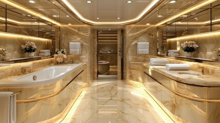 Fototapeta premium A serene luxury bathroom with soothing lighting, elegant marble finishes, a large soaking tub, and plush towels, offering a peaceful and opulent environment for relaxation.