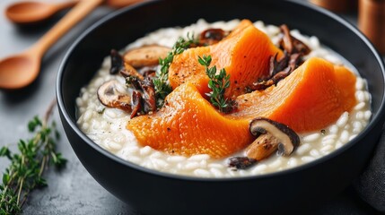 A bowl of creamy risotto topped with mushrooms and slices of squash, garnished with thyme.