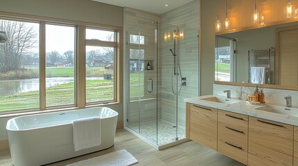 Fototapeta premium A bright, luxury bathroom with a modern design, featuring floor-to-ceiling windows, a large shower, and plenty of natural light that creates a refreshing and energizing space.