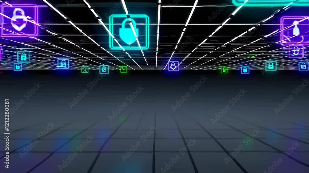 Poster digital landscape showcasing colorful security icons and symbols in a futuristic setting