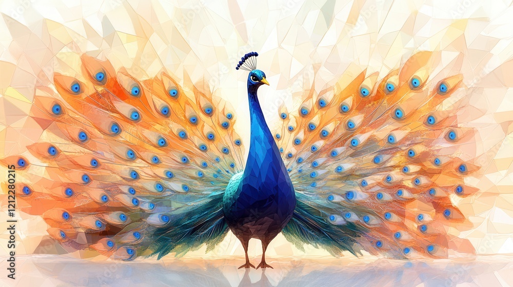 Aufkleber vibrant peacock displaying its colorful feathers in a striking low poly style against a dynamic back