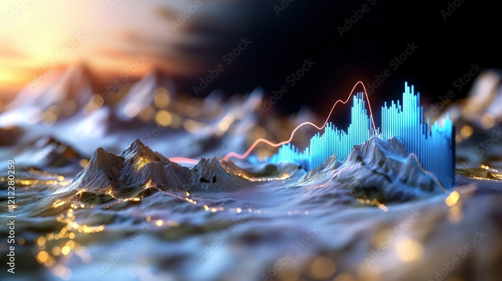Poster abstract visualization of mountains and data metrics with glowing peaks and digital waveforms at sun