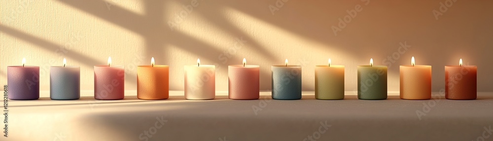 Poster colored candles representing different faiths are lit together, casting a serene ambiance. the soft 