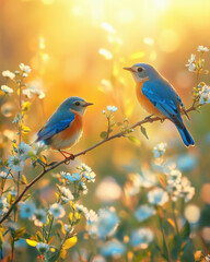 Obraz premium nature scene with two bluebirds perched on a delicate branch, overlooking a meadow bathed in the golden hues of sunset.