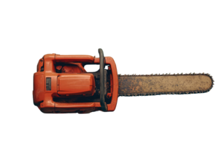 orange electric chainsaw on white background