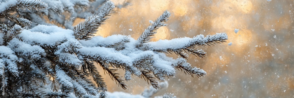 Poster snow-covered pine branch during a snowfall with a warm background.