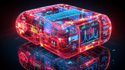 Detailed vector art of a health monitoring station showing a digital dashboard with medical data graphs, patient vitals, and live tracking features
