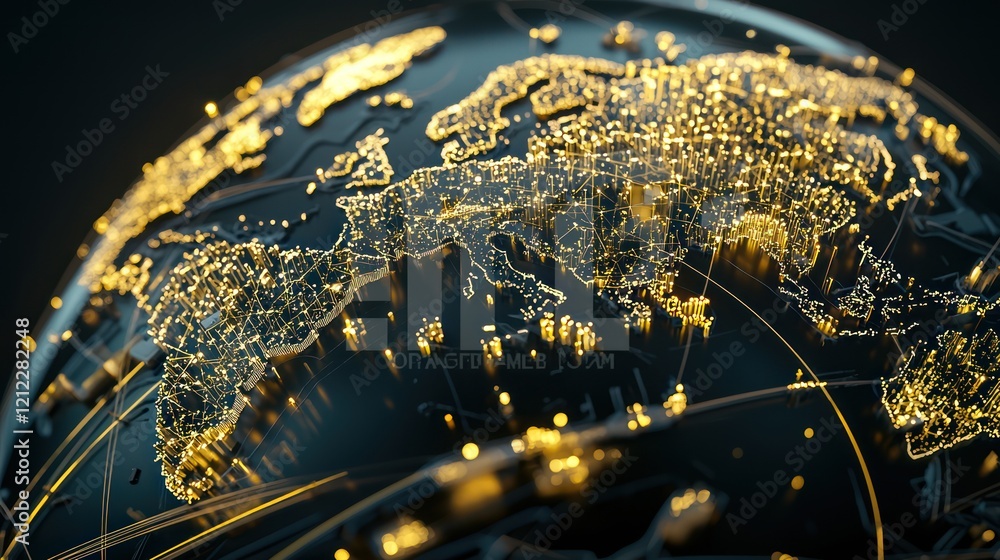 Poster a visually stunning globe illuminated with golden lights, showcasing a network of connections across
