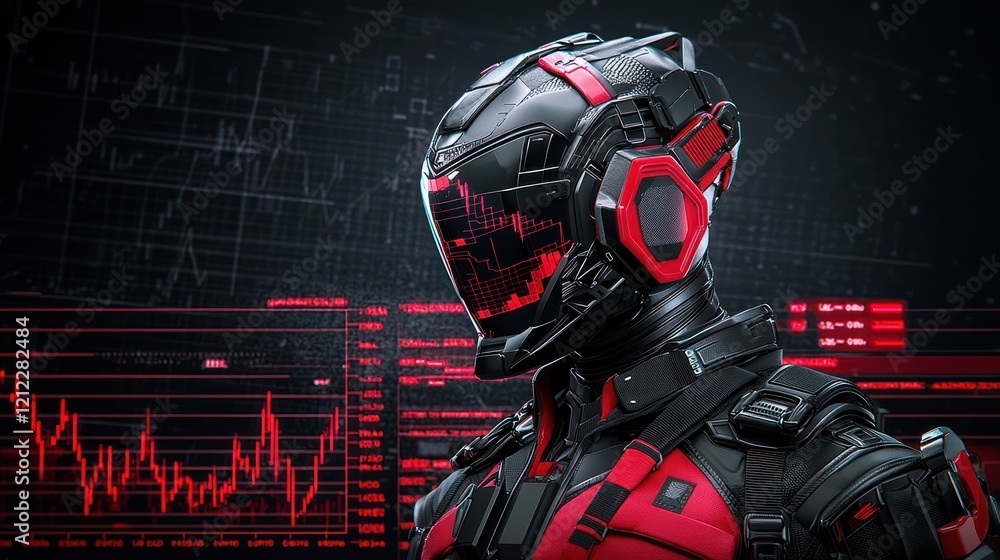 Poster a futuristic cyborg wearing a sleek red and black helmet, set against a digital backdrop featuring d