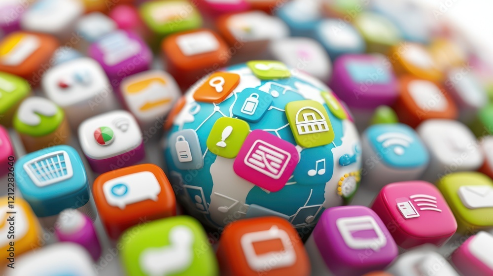 Aufkleber a colorful array of app icons surrounds a globe, symbolizing global connectivity and the digital lan