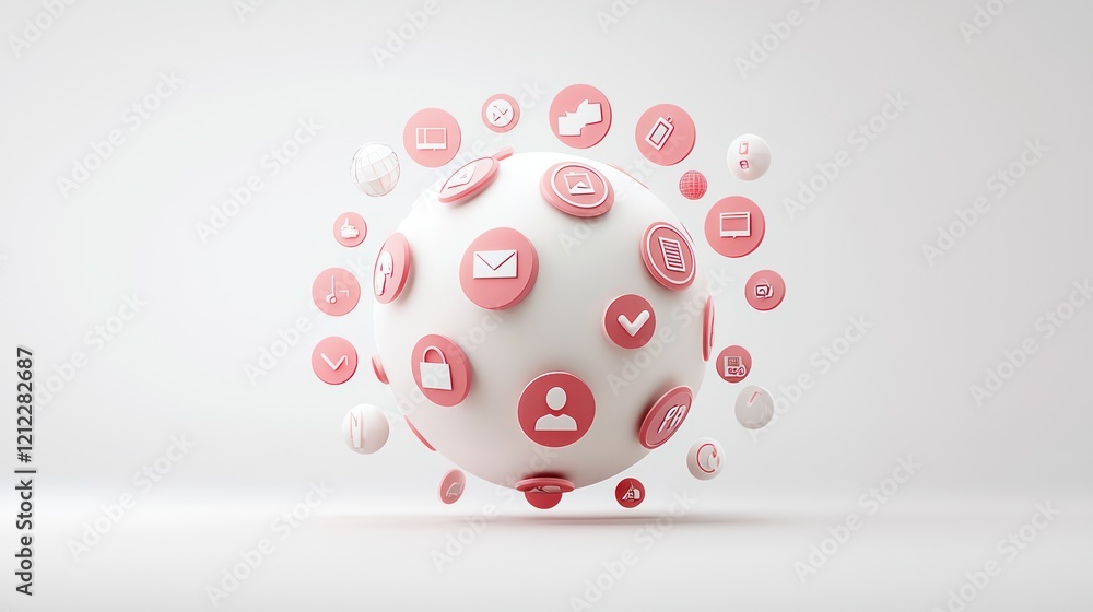 Poster a 3d globe surrounded by various pink icons, representing different digital concepts such as data, a