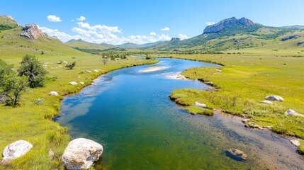 Fototapeta premium River meanders through green valley, sunny day. Use travel brochure