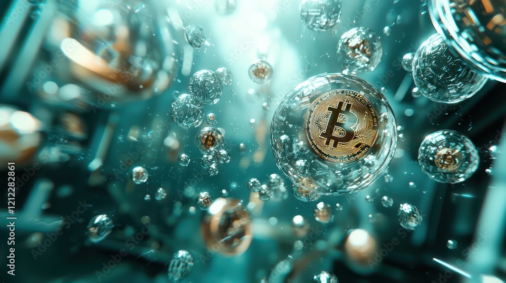 Poster a futuristic visualization of floating bitcoin coins inside transparent bubbles, set against an abst