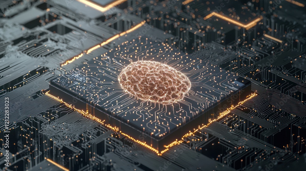 Poster a close-up of a circuit board featuring a glowing, central processor with intricate designs and conn