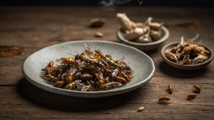 A plate of assorted edible insects with spices, showcasing a unique culinary experience.